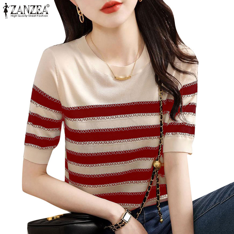 Zanzea เสื้อเบลาส์แขนสั้นคอลูกเรือทรงหลวมสไตล์เกาหลีสําหรับผู้หญิง
