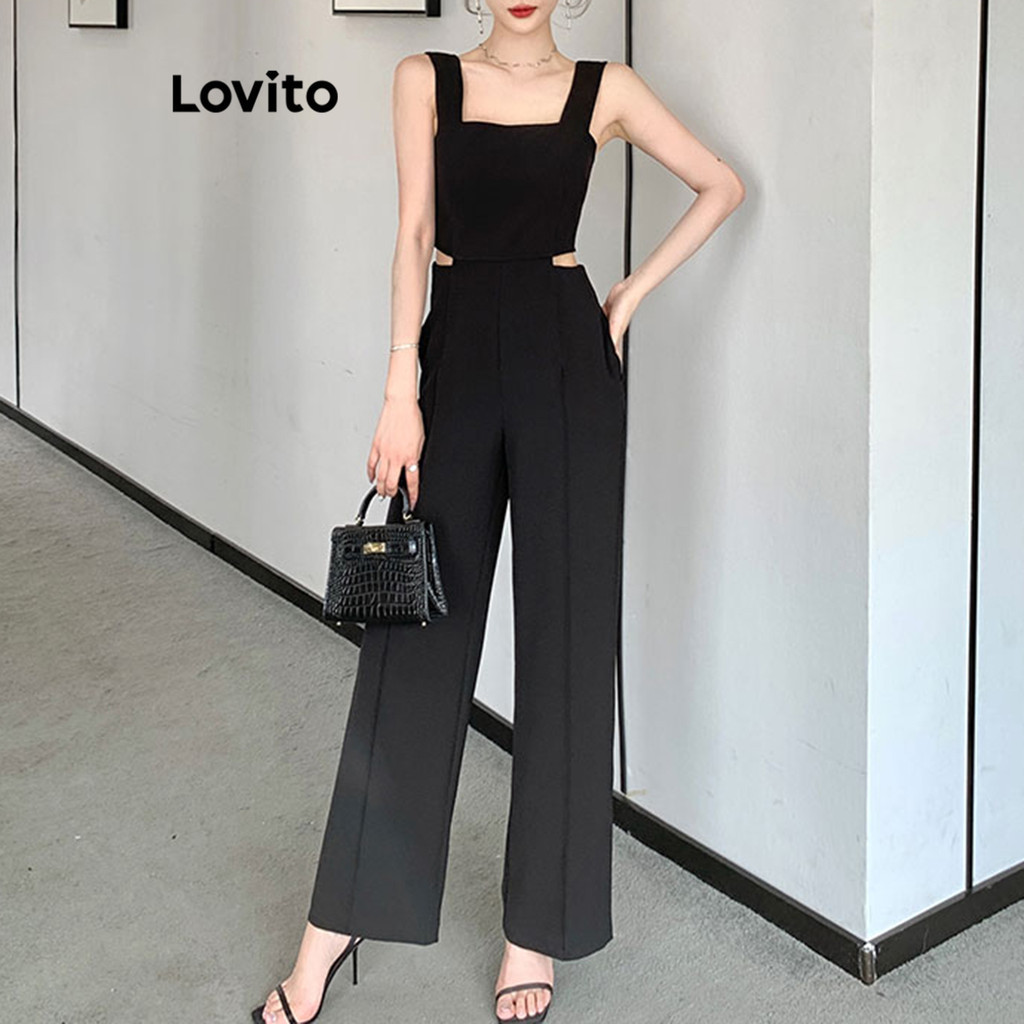 Lovito จั๊มสูทผู้หญิง แต่งคัทเอาท์ สีพื้น สไตล์หรูหรา LNE58119
