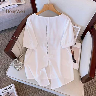 M-4xl แฟชั่น V คอเสื้อยืดผู้หญิงขนาดใหญ่กลับ Slit แขนสั้นเกาหลีรุ่นหลวม Slimmer ดูฝาครอบ