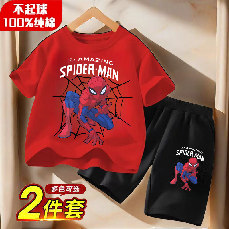 เสื้อสไปเดอร์แมนสำหรับเด็กชุดผ้าฝ้ายแท้100% ชุดเด็กผู้ชายเสื้อเด็กเสื้อยืดกางเกงขาสั้น
