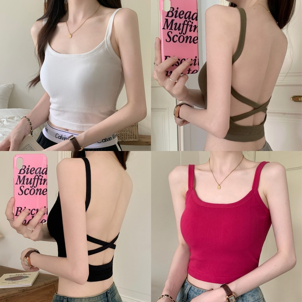 💜Bonnie💜เสื้อกล้ามผู้หญิง ซับใน เปิดหลัง สีพื้น เซ็กซี่ เข้ารูป เสื้อครอป สไตล์เกาหลี ใส่สบาย