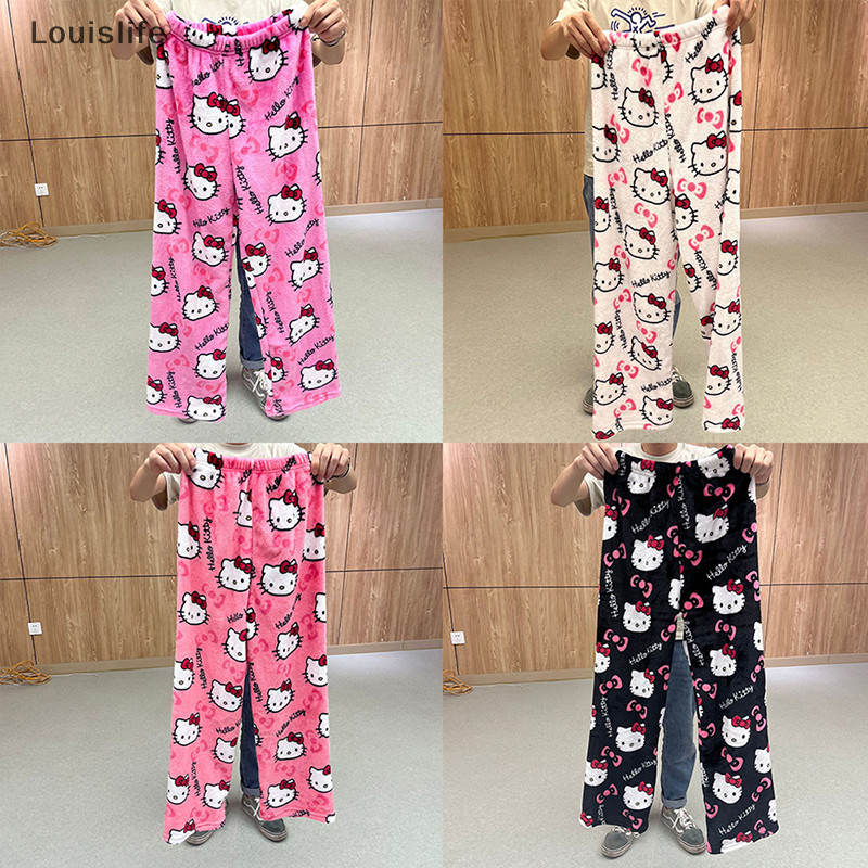 Llph Hello Kitty ชุดนอนกางเกง Kawaii อะนิเมะฤดูใบไม้ร่วงฤดูหนาวที่อบอุ่นเสื้อผ้า Multi-สไตล์ Flannel กางเกงลําลองสาวของขวัญ LLP