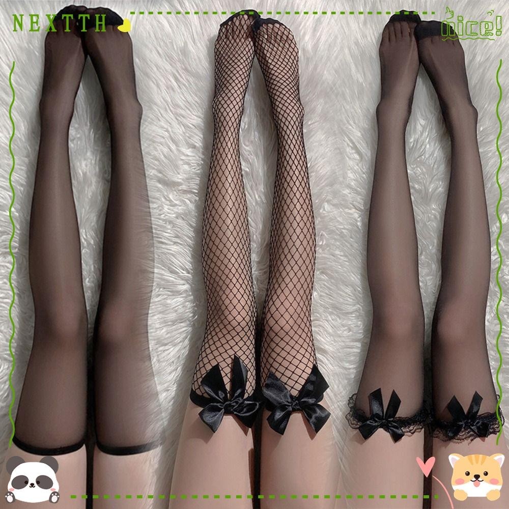 Nextth ถุงเท้ายาวเหนือเข่า,สีดําสีขาวสาวหวานผู้หญิงถุงเท้า,Lolita Bowknot Gothic Lace Mesh Legging