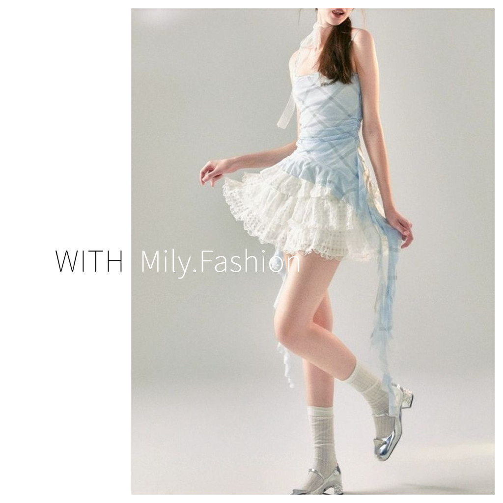 Milyfashion เสื้อชั้นในสตรีลายสก๊อตสีฟ้าฤดูร้อนลูกไม้สีขาว