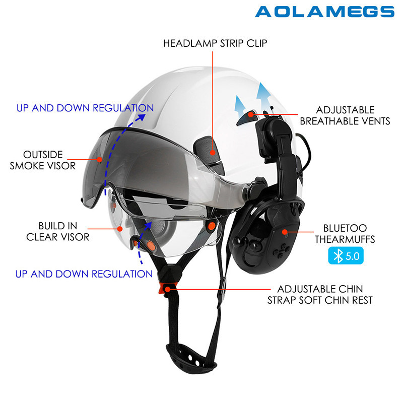AOLAMEGS CE ANSI หมวกนิรภัย 5.0 บลูทู ธ Earmuff แว่นตาคู่โครงสร้างกู้ภัยกีฬากลางแจ้ง