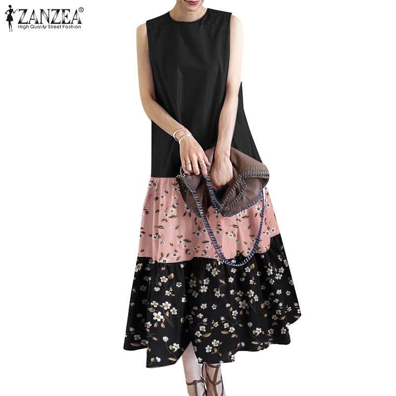 ZANZEA ใส่ ซานเซีย ผู้หญิงวันหยุดลูกเรือคอดอกไม้เย็บปะติดปะต่อกันปุ่มแขนกุด