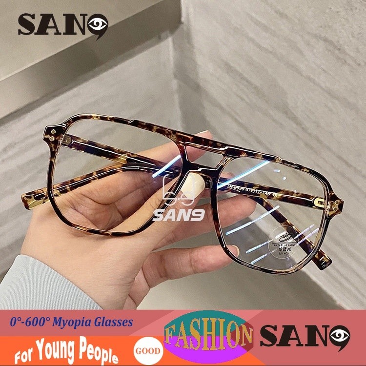 【50°-600° แว่นสายตาสั้นnew เสือดาวพิมพ์แว่นตาสีสไตล์วิทยาลัย Retro Double Beam กรอบขนาดใหญ่กรอบผู้หญิง/ผู้ชาย