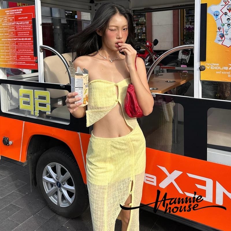 Hanie House- เสื้อกล้ามเปิดไหล่สําหรับผู้หญิงและชุดกระโปรง Midi Split