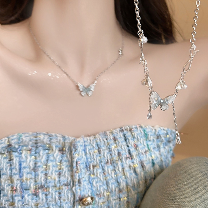 ผู้หญิง Bling Blue Fairy คริสตัลพู่ผีเสื้อ Dangle สร้อยคอ Clavicle Chain
