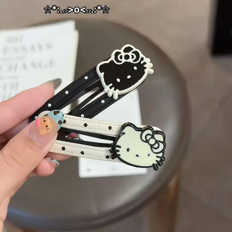 เวอร์ชั่นเกาหลีสีดําและสีขาวลายจุดคิตตี้แมวหนังน่ารักด้านเรียบ BB กิ๊บติดผม