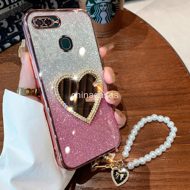 หรูหราแฟลชชุบ OPPO A5S A7 A7X A12 F9 PRO เคสโทรศัพท์ฝาครอบโปร่งใส Pearl Love กระจกแต่งหน้าพร้อมสร้อยข้อมือ