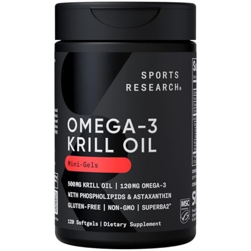 การวิจัยกีฬา Antarctic Krill Oil Omega-3 Mini-Softgels 500mg พร้อม Phospholipids, Choline & Astaxant