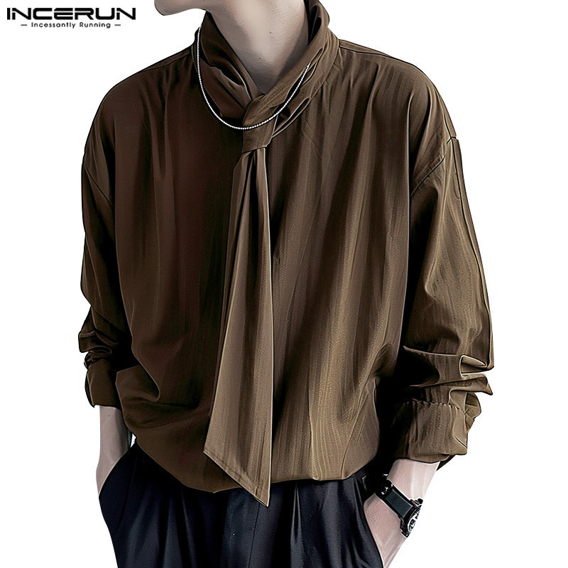 ไม่แน่นอน ผู้ชายเกาหลีลําลองสีทึบผูกออกแบบแขนยาวเสื้อทุกวัน