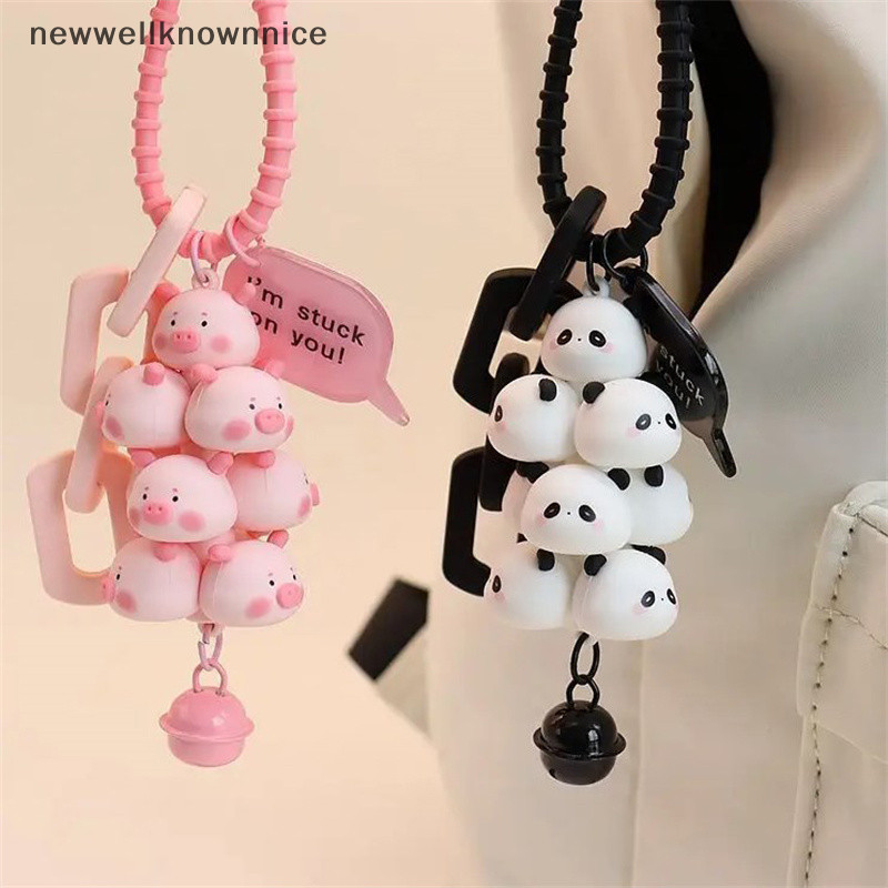 Newwellknownnice Kawaii Stacked การ์ตูนหมูพวงกุญแจ Bell Creative นักเรียนคู่กระเป๋าเป้สะพายหลังแขวนตกแต่งโทรศัพท์มือถือสายคล้องจี้ TH