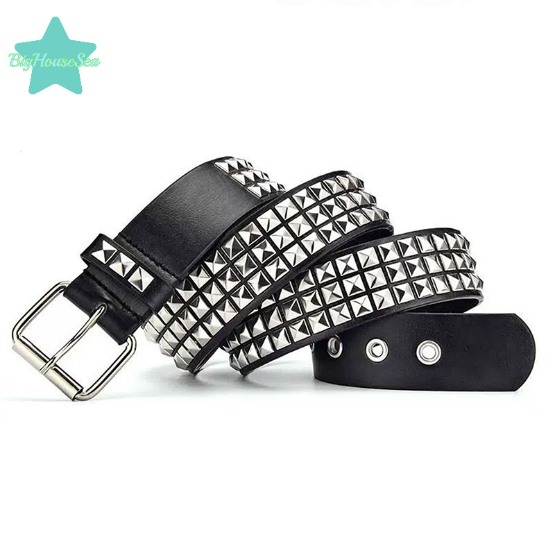 [BigHouseSea] Rivet Hollow Bullet ตกแต่งเข็มขัดแฟชั่นสุภาพสตรีหนัง Studded ของขวัญ Mans Goth Rock Wild ปรับผู้หญิง Punk เข็มขัดสีดําใหม่