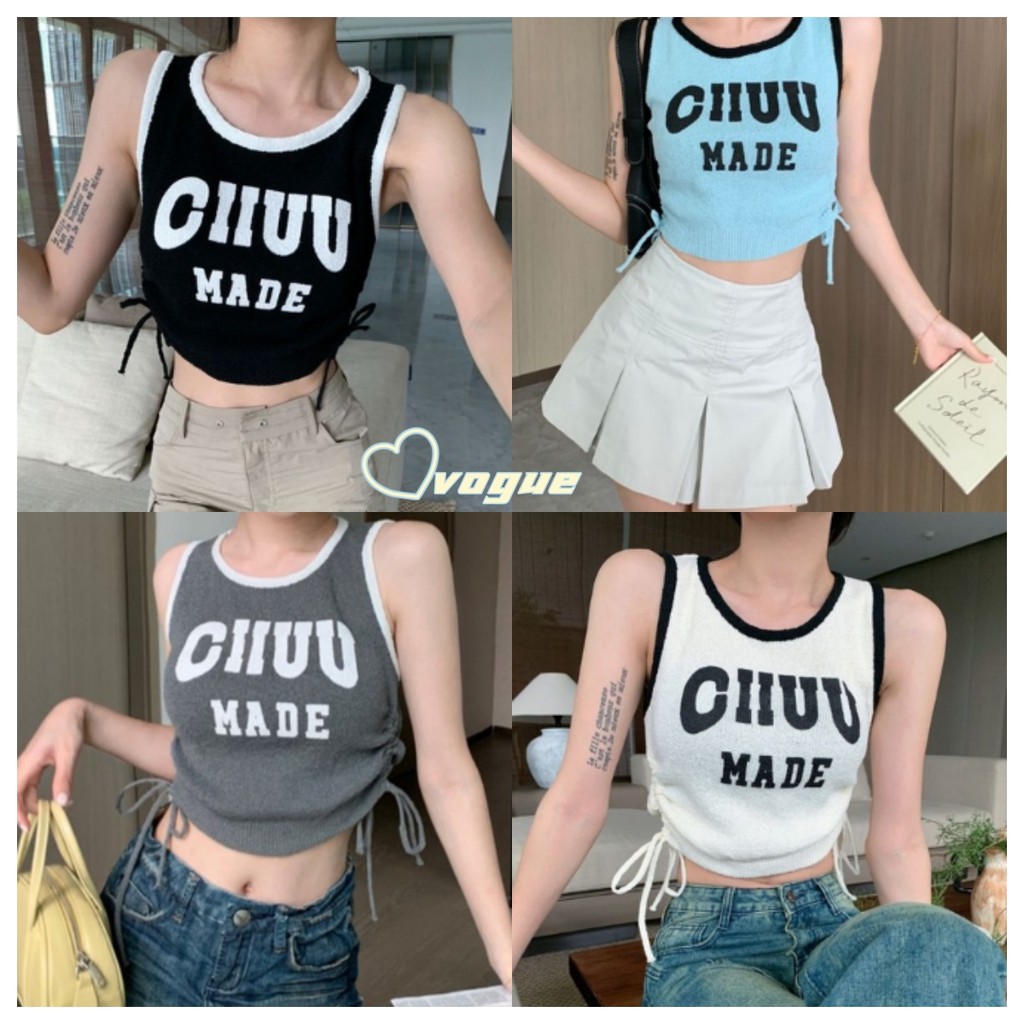 Vogue🌟พร้อมส่ง🌟 เสื้อกล้ามไหมพรม เสื้อกล้ามครอปผ้าร่อง คอกลม ลายตัวหนังสือรูดผูกเอวสองข้าง (0597) -C