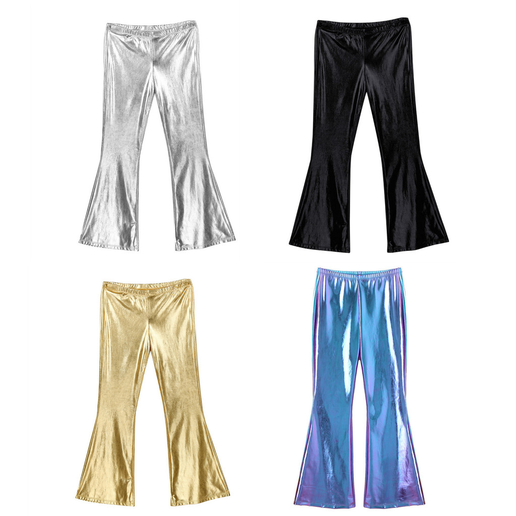 Mens Shiny Metallic Bell Bottom Pants Disco Flared Long Pants Dude เครื่องแต่งกายกางเกง