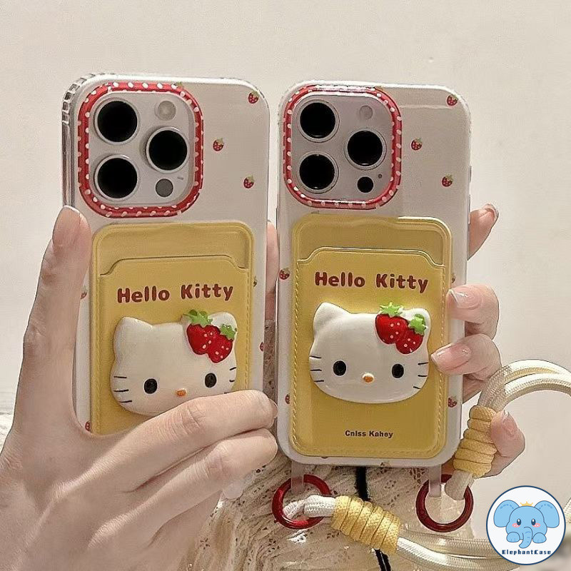 สวัสดีคิตตี้น่ารักสตรอเบอร์รี่คล้องบัตรเคสเข้ากันได้กับ เคสไอโฟน 11 14 12 13 15 Pro Max XR XS X Max 7 15 8 14 Plus SE