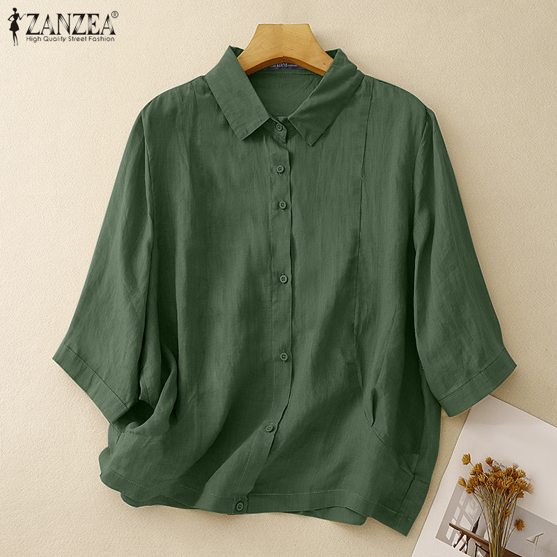 Zanzea เสื้อเชิ้ตแขนสามส่วนสีทึบเกาหลีสําหรับผู้หญิง