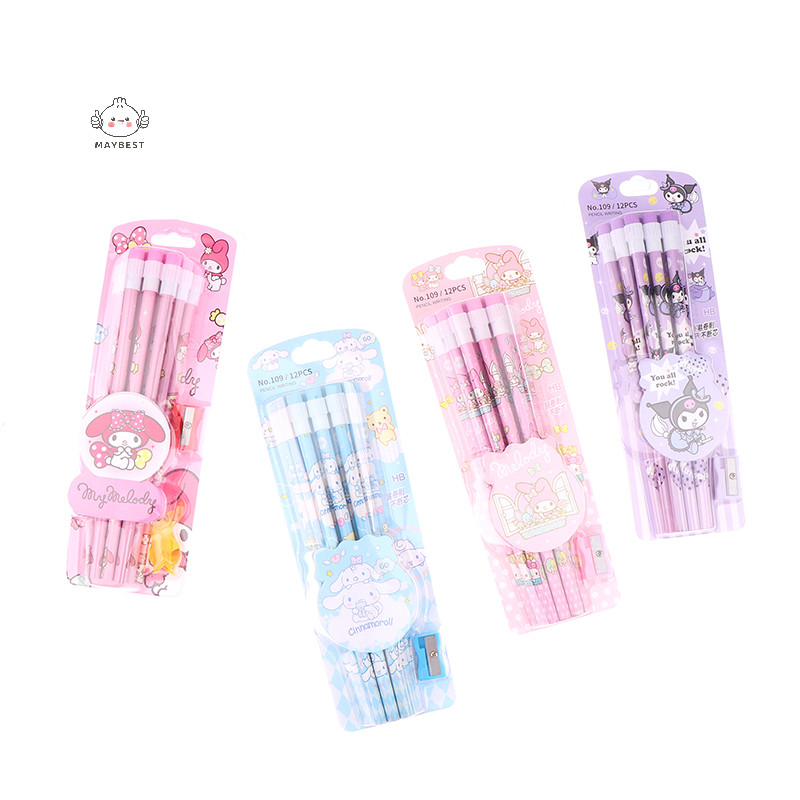 {maybest} 12 Pack Kawaii Sanrio Kuromi HB Pencils W/Sharpener Anime Cinnamoroll Pochacco My Melody Wrig Drawing Pencils Sketch Pens {TH}