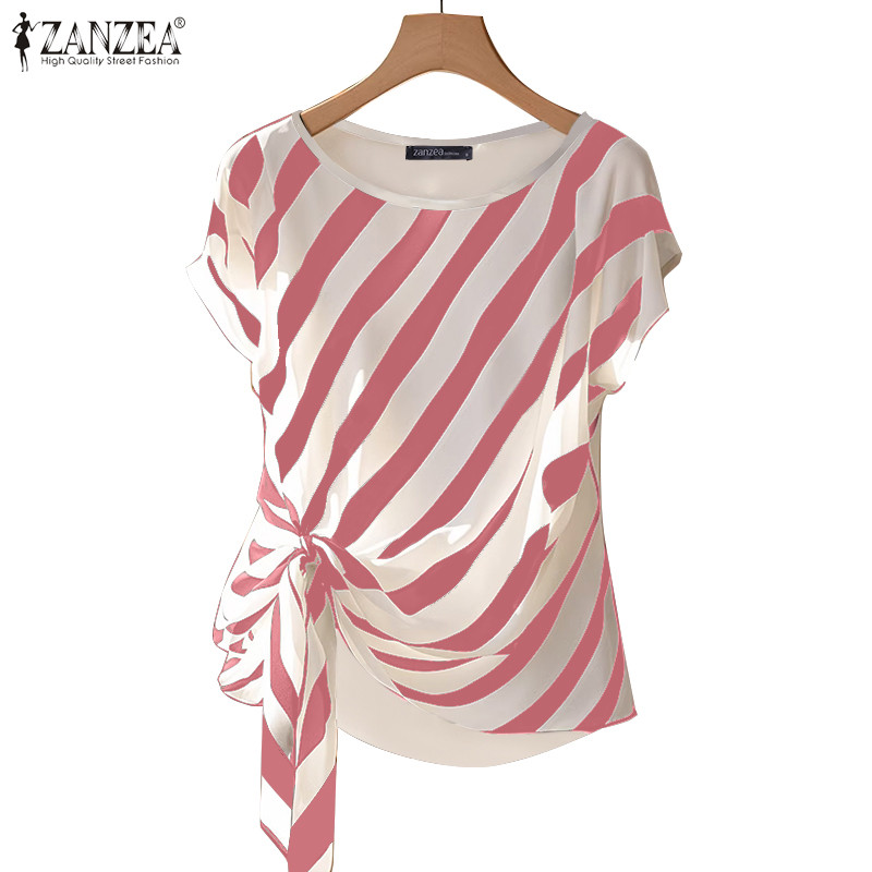 Zanzea เสื้อเชิ้ตแขนสั้นทรงหลวมพิมพ์ลายลายทางฤดูร้อนสําหรับผู้หญิง