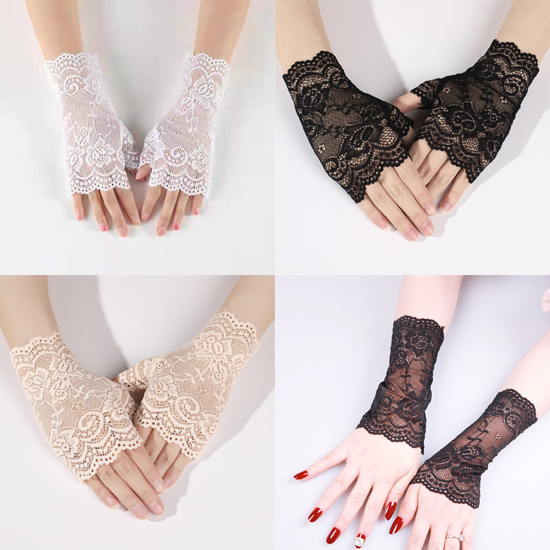 ถุงมือลูกไม้ผู้หญิงไม่มีนิ้ว ตกแต่งสไตล์บางเฉียบ ป้องกันแสงแดด เหมาะสําหรับฤดูใบไม้ผลิและฤดูร้อน