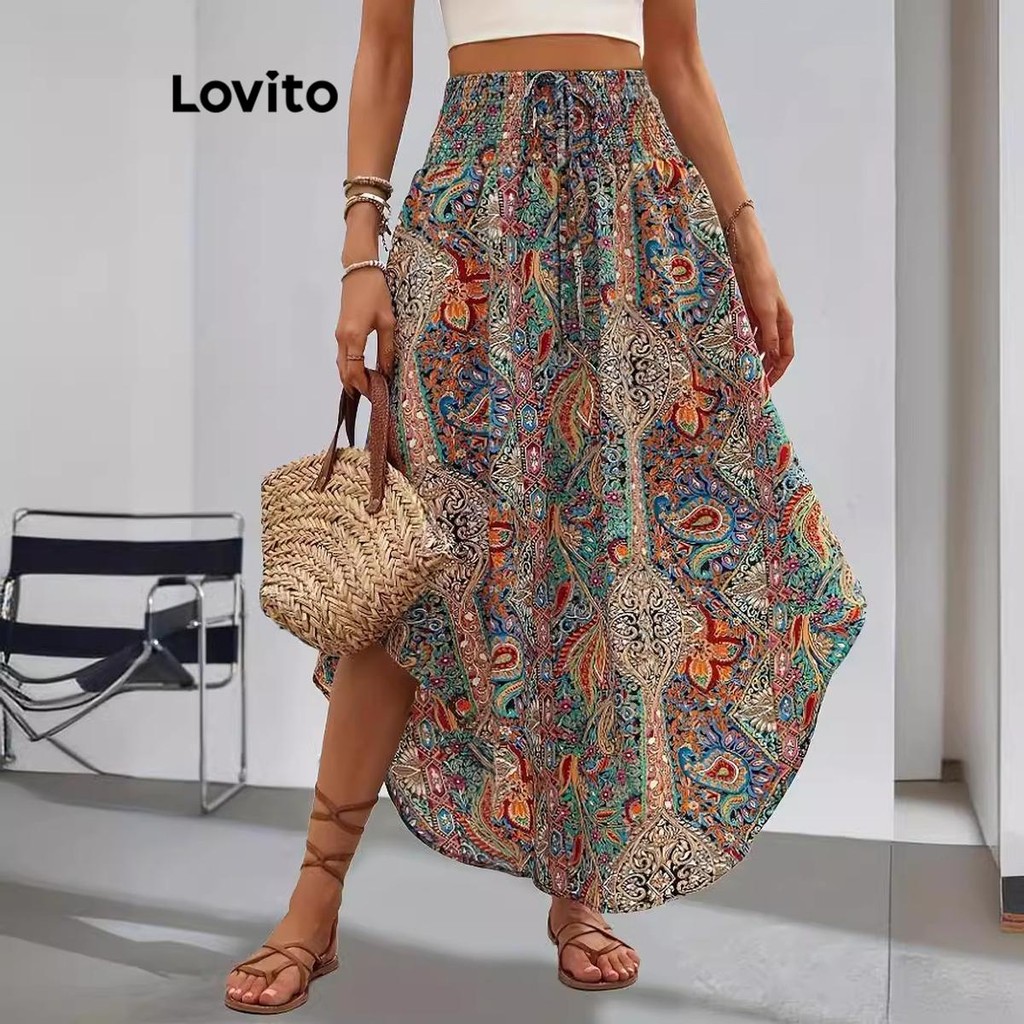Lovito กระโปรงทรงอสมมาตรพิมพ์ลายชนเผ่า โบโฮ สำหรับผู้หญิง LNL75234