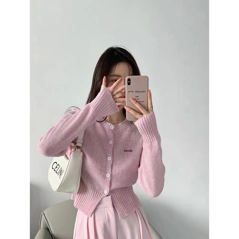 เสื้อคาร์ดิแกนถักขนแกะทรงเข้ารูปสีเทาสำหรับฤดูใบไม้ร่วงและฤดูใบไม้ร่วงของ Icho เสื้อแมทช์ลุคง่ายเรียบหรูสำหรับผู้หญิงต้นฤดูใบไม้ผลิ