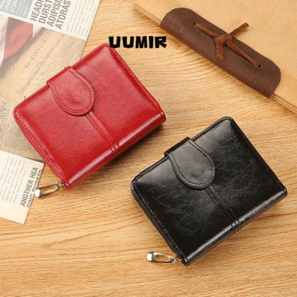 UUMIR กระเป๋าสตางค์ใบสั้นกระเป๋าใส่เหรียญหัวเข็มขัดสีทึบซิปความจุขนาดใหญ่ผู้ถือบัตรนักเรียน