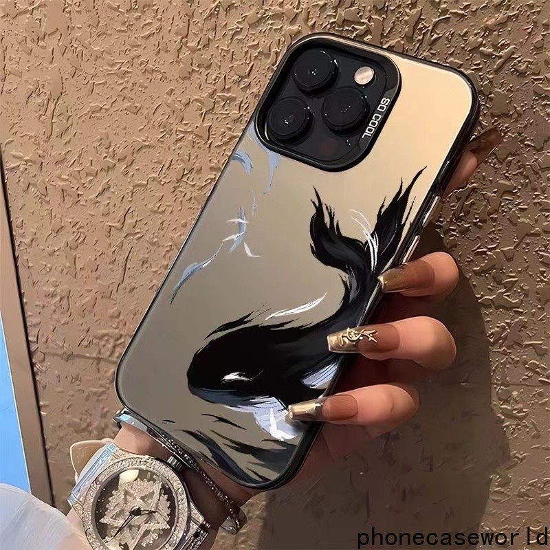 เหมาะสำหรับiPhone11 12 13 14 15Pro Promax XSMAX 7 8P Xr ภาพวาดหมึกวาฬดำ เคสโทรศัพท์มือถือเคลือบใหม่