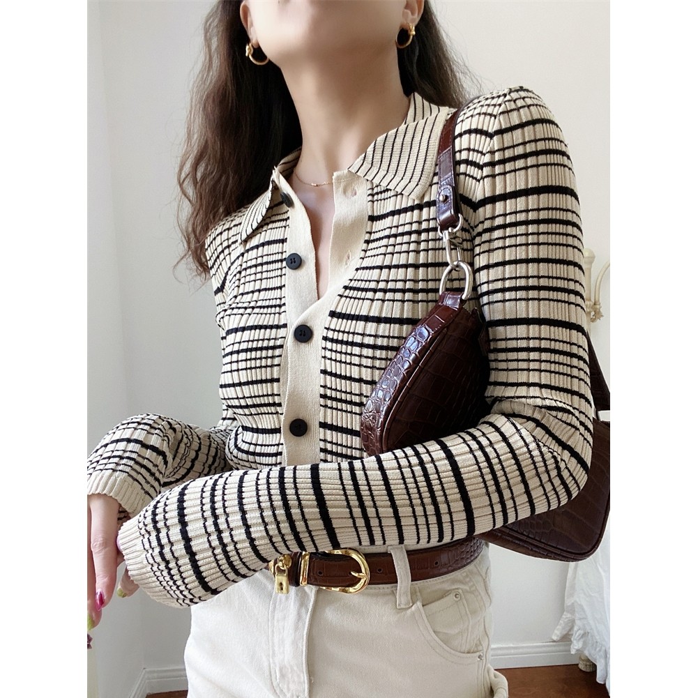 Xiaoma111 ภาษาฝรั่งเศสคํา Retro สไตล์ Commuter POLO Collar Single-Breasted เสื้อกันหนาว Contrast สี Stripes Classy เสื้อกันหนาวเสื้อสเวตเตอร์ถัก My Off สไตล์ม้า BMVJ