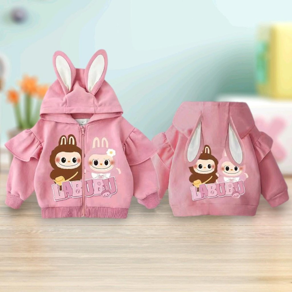 Pinkเสื้อคลุมเด็กผู้หญิงน่ารัก แต่งฮู้ดกระต่าย แขนระบาย แต่งซิป สกรีนลายสุดฮิต