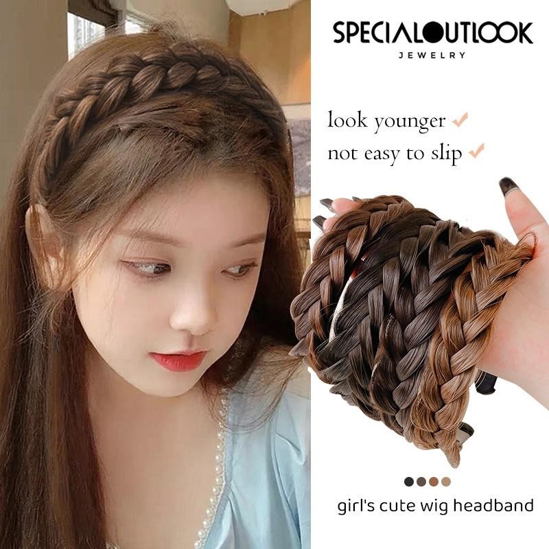 Goroy ที่คาดผมวิกผมถักเกาหลีสําหรับผู้หญิงปีกกว้าง Fishbone Braid Hairband ผม Acc