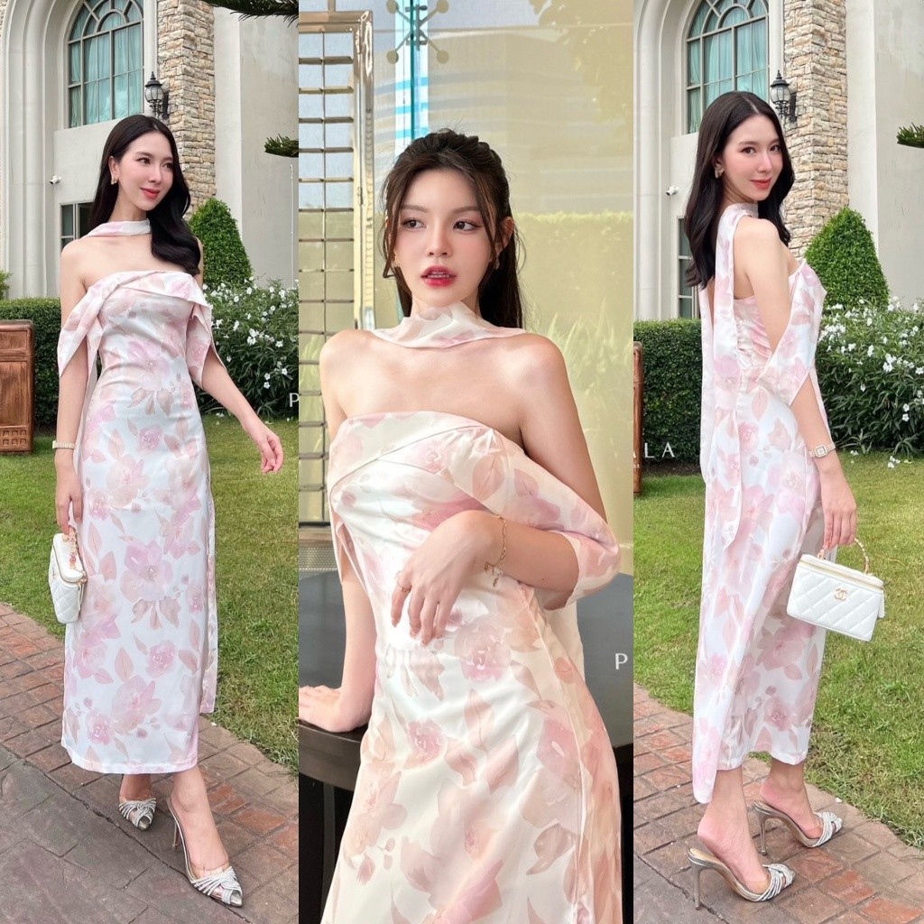 ร้านโค้ดคุ้ม Pimala 112 เดรสยาวสีชมพู สีม่วง สายแต่งที่คอสวยหรู ใส่ออกงาน ดินเนอร์ เพื่อนเจ้าสาว