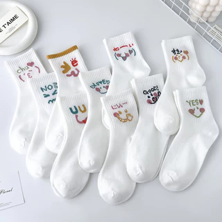 พร้อมส่ง : ถุงเท้า ข้อยาว 5 คู่ ขาวล้วน แต่งอิโมจิ ญี่ปุ่น เก๋ๆ ใส่ได้ทุกวัน แฟชั่น น่ารัก ผ้านุ่ม