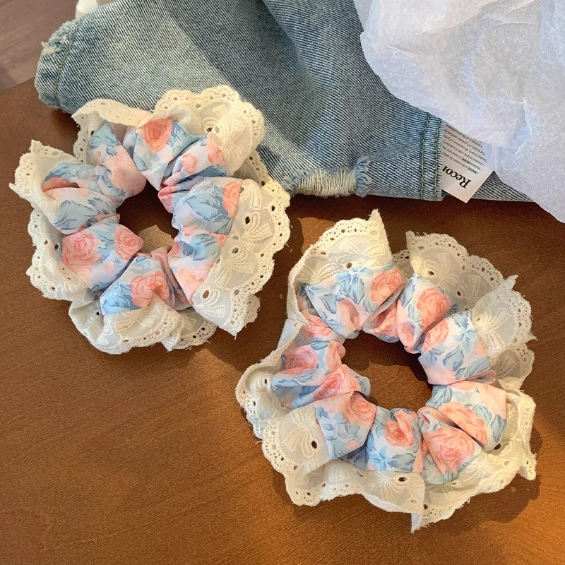 1 ชิ้นลูกไม้ดอกไม้พิมพ์ผูกผมยางรัดหัวเชือก Scrunchies