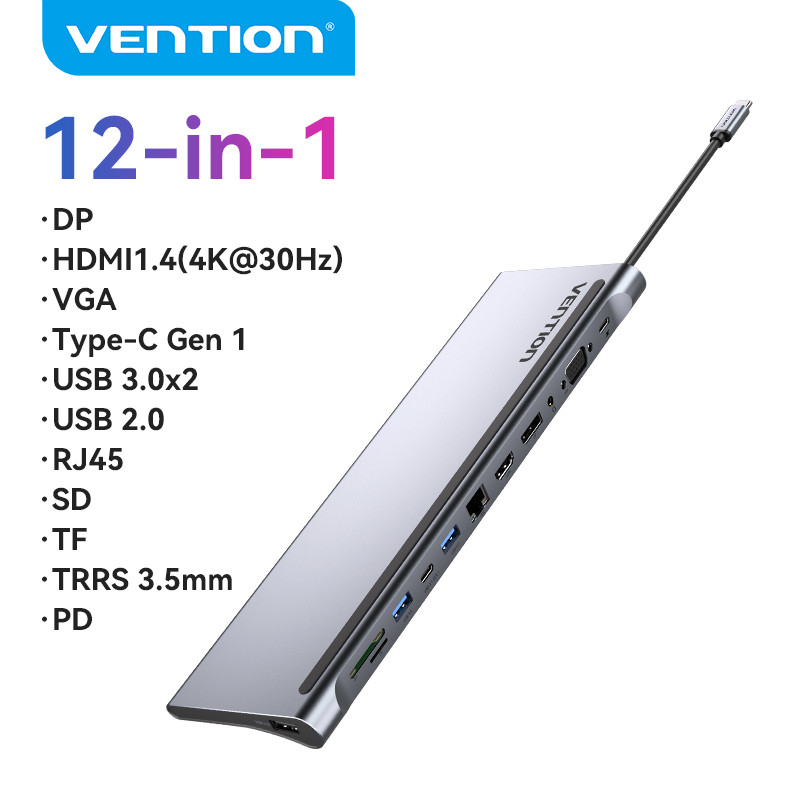 Vention USB HUB 12-in-1 USB-C USB 3.0 Docking Station HDMI VGA RJ45 สําหรับแล็ปท็อป