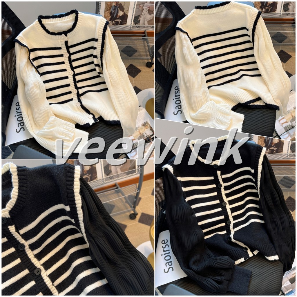 Veewink พร้อมส่งส่งเสื้อคลุม เสื้อกันหนาวลายทาง เสื้อกันหนาว เสื้อคาร์ดิแกน แขนโคมหลวม