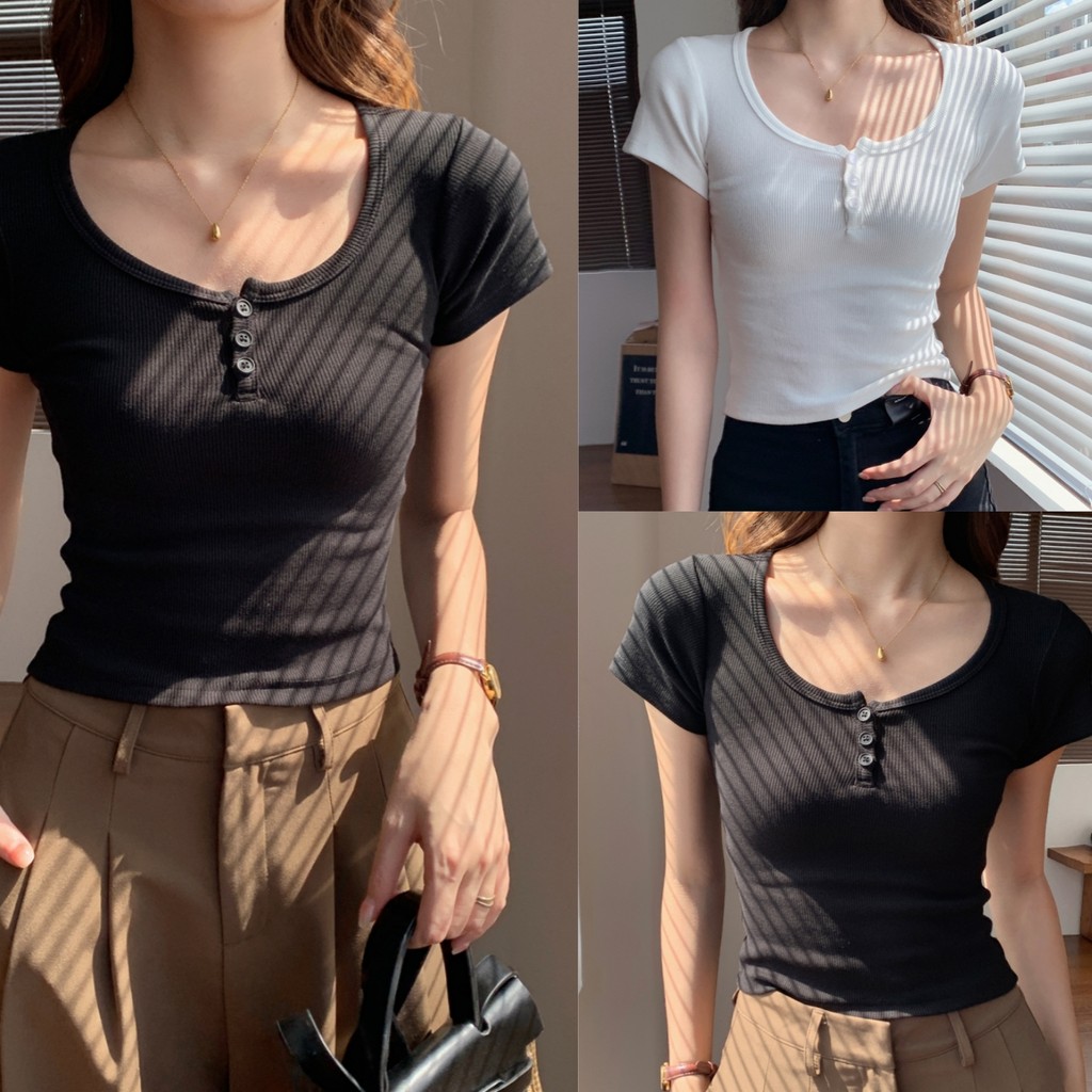 Bella Shop 🌻 เสื้อยืดสั้นสไตล์เกลียวดีงามปกครึ่งเปิดผอมสีทึบด้านบน ✨ chic เวอร์ชั่นเกาหลี