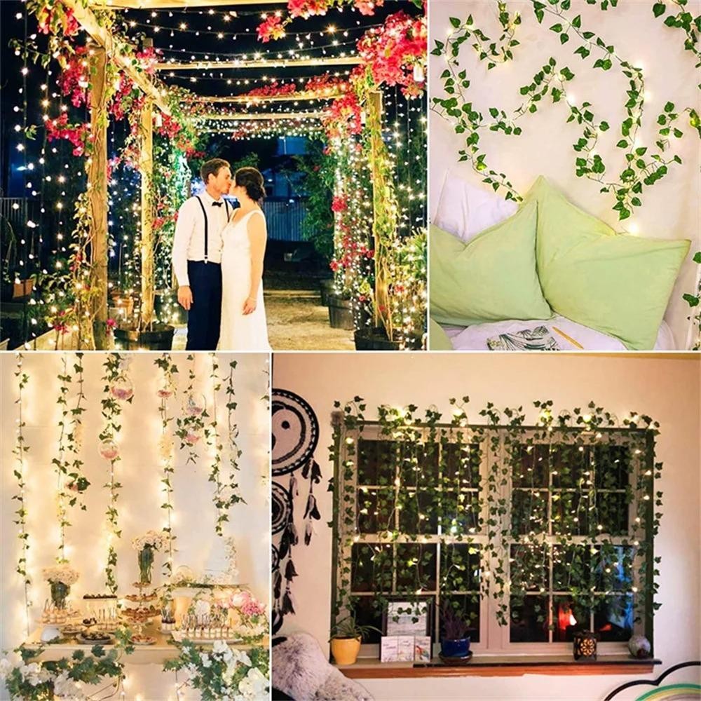 CVMAX ประดิษฐ์ Ivy Vine Fairy Light, 2 M-10 M กันน้ําปลอมสีเขียว Leaf String ไฟ, กลางแจ้ง Garland 20/50/100LED งานแต่งงานตกแต่งพืชปลอม Vine ไฟ LED - รูปที่ 4