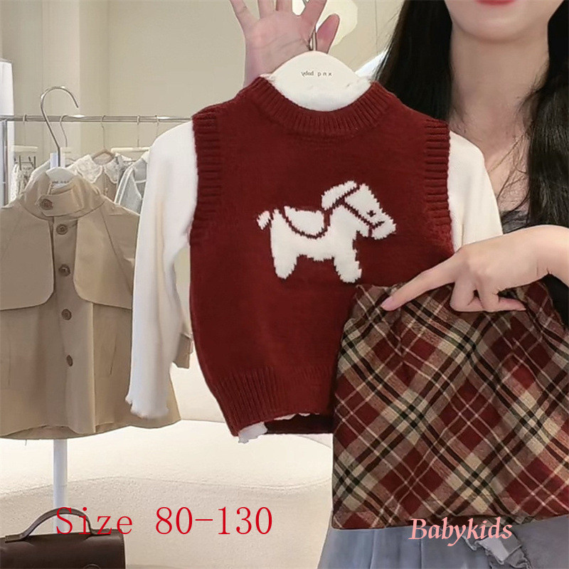 เด็กทารกชุดฤดูใบไม้ร่วงเด็กผู้หญิง 2024 แฟชั่นสไตล์ใหม่สาวน้อยเสื้อกั๊กสีแดงกระโปรงเด็กชุดสามชิ้น