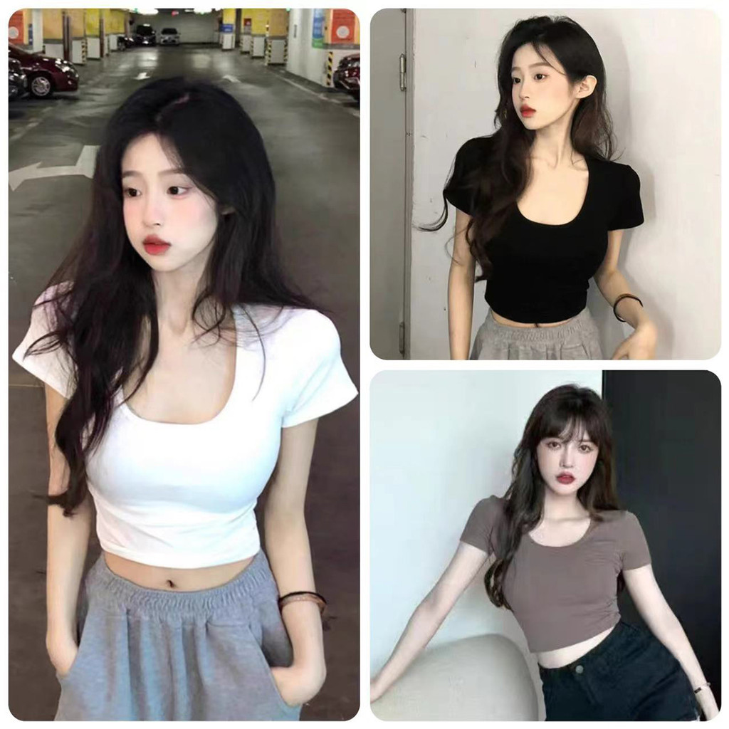 เสื้อยืดผู้หญิงคอ U สีขาว แขนสั้น กระชับตัว เหมาะสำหรับใส่เป็นชั้นใน