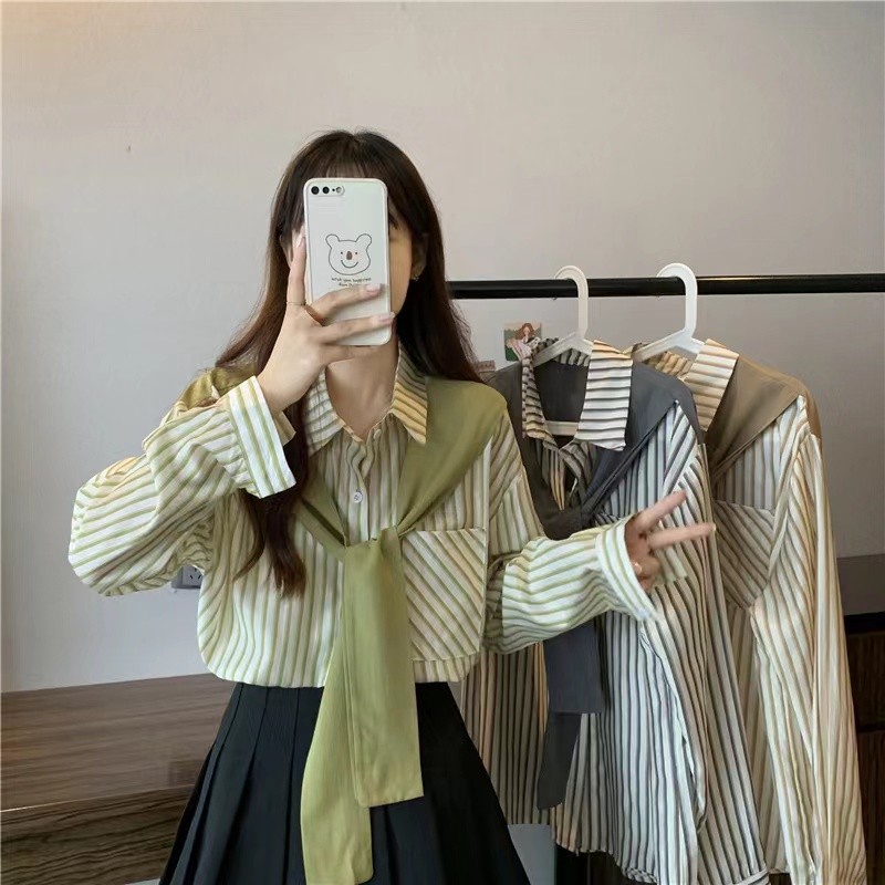 mimi&didi#เสื้อเชิ้ตแขนยาวลําลอง ทรงหลวม ลายทาง แฟชั่นฤดูใบไม้ผลิ และฤดูใบไม้ร่วง สําหรับผู้หญิง#W334