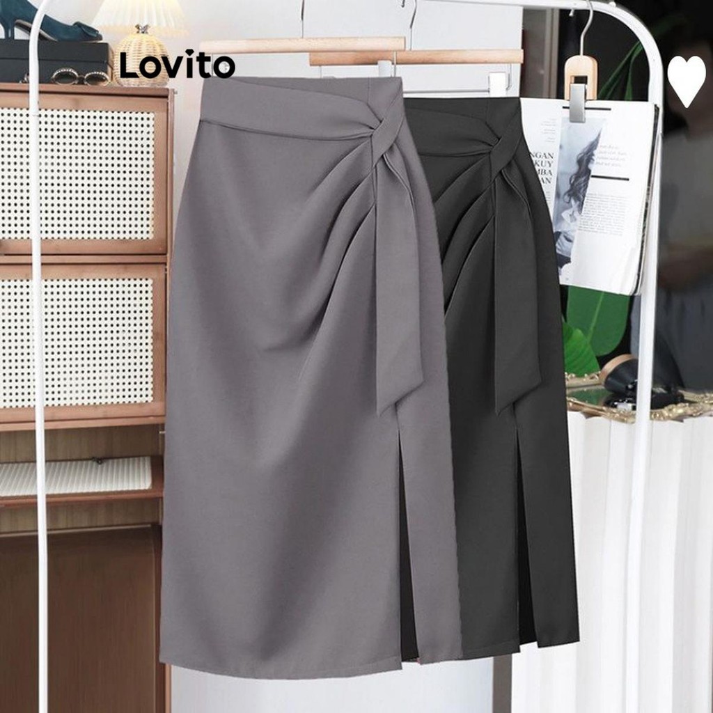 Lovito กระโปรงลูกไม้ธรรมดาแบบสบาย ๆ แยกลูกไม้ขึ้นรูชสำหรับผู้หญิง LNL77340