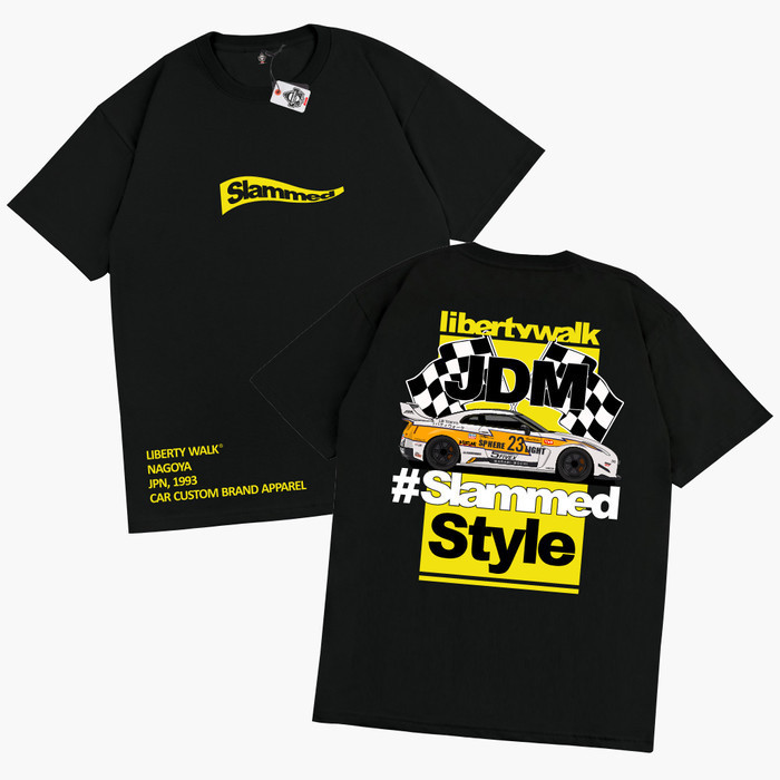 🔥  KARIMAKE Kaos Baju JDM LIBERTY WALK SLAMMED NISSAN SKYLINE R35 - V4 HITAM, S เสื้อยืดผู้ชาย Unise