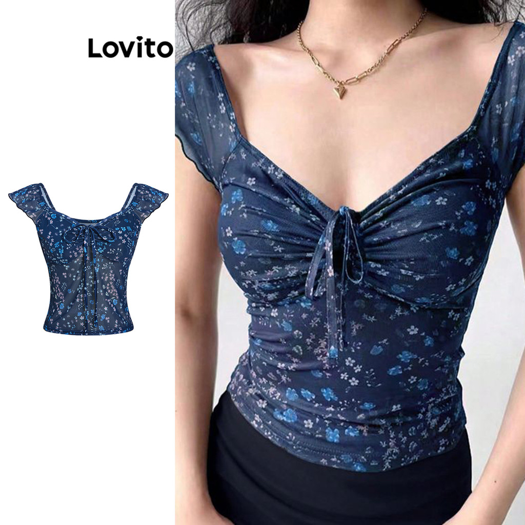 Lovito เสื้อเบลาส์ลายดอกไม้ ดิทซี่ แบบสบาย ๆ สำหรับผู้หญิง L99ED177