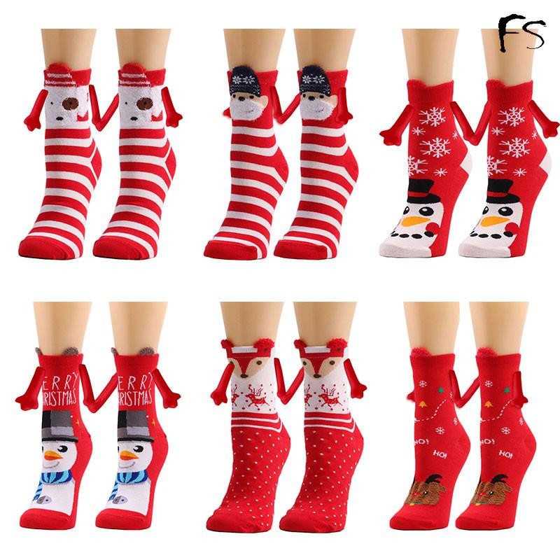 คริสมาสต์/ Couple Christmas Magnetic Suction Hand In Hand Socks Printed Unisex Holding Hands Long Socks Girls Harajuku Cotton Sock