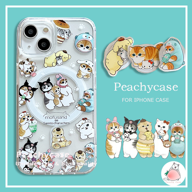 SANRIO การ์ตูน ซานริโอ แฮงโยดอน คุโรมิ โมฟูแซนด์ แมวผู้ถือแม่เหล็กชาร์จไร้สายกรณีโทรศัพท์เข้ากันได้สําหรับ ไอโฟน 16 15 14 13 12 มือโปร สูงสุด 11อะคริลิกันกระแทกฮาร์ดปลอก