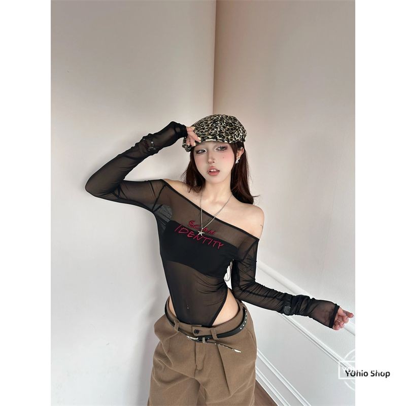 เสื้อยืดจั๊มสูทตาข่ายแขนยาวเซ็กซี่ย้อนยุคอเมริกันของผู้หญิง