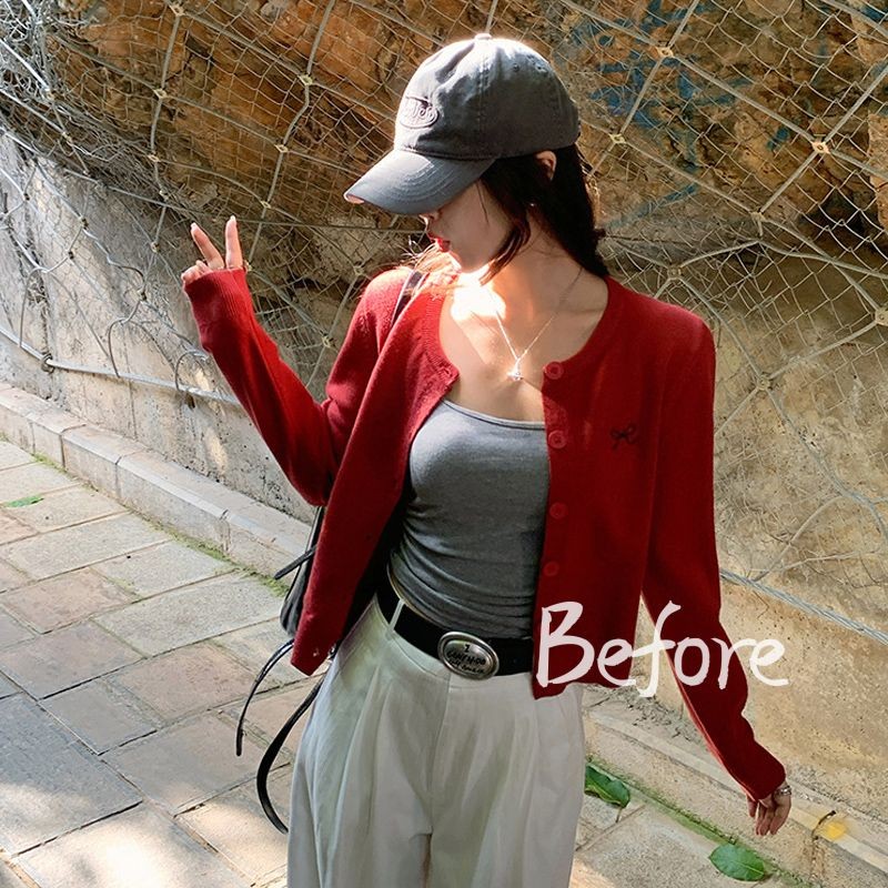 เสื้อคาร์ดิแกนบางโบว์เย็บปักถักร้อยเสื้อถักสั้นผู้หญิงเสื้อแจ็คเก็ตแขนยาวกระดุมเดี่ยว BF